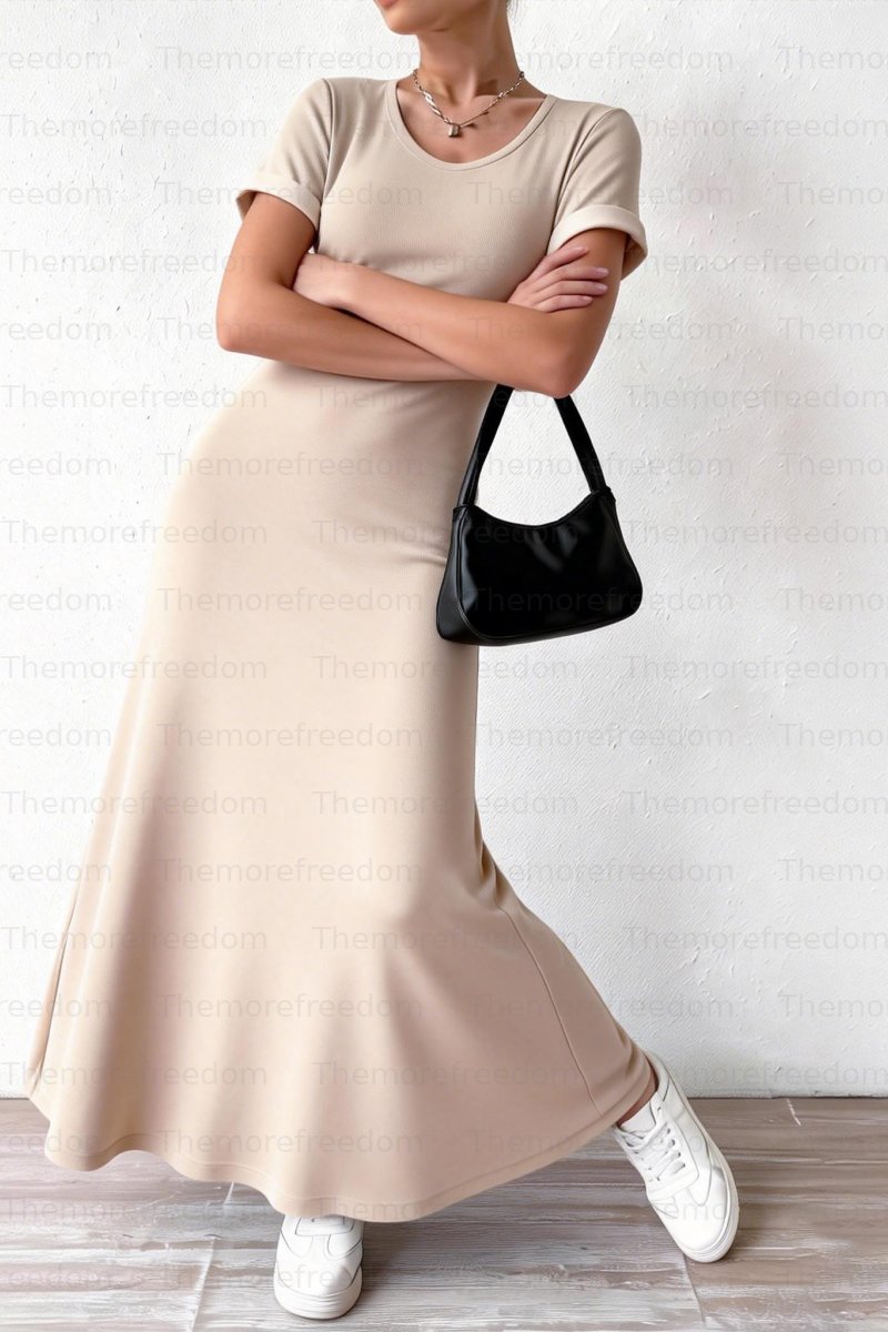 Women's solid color round neck knitted dress, elegant and comfortable (pre-order item)