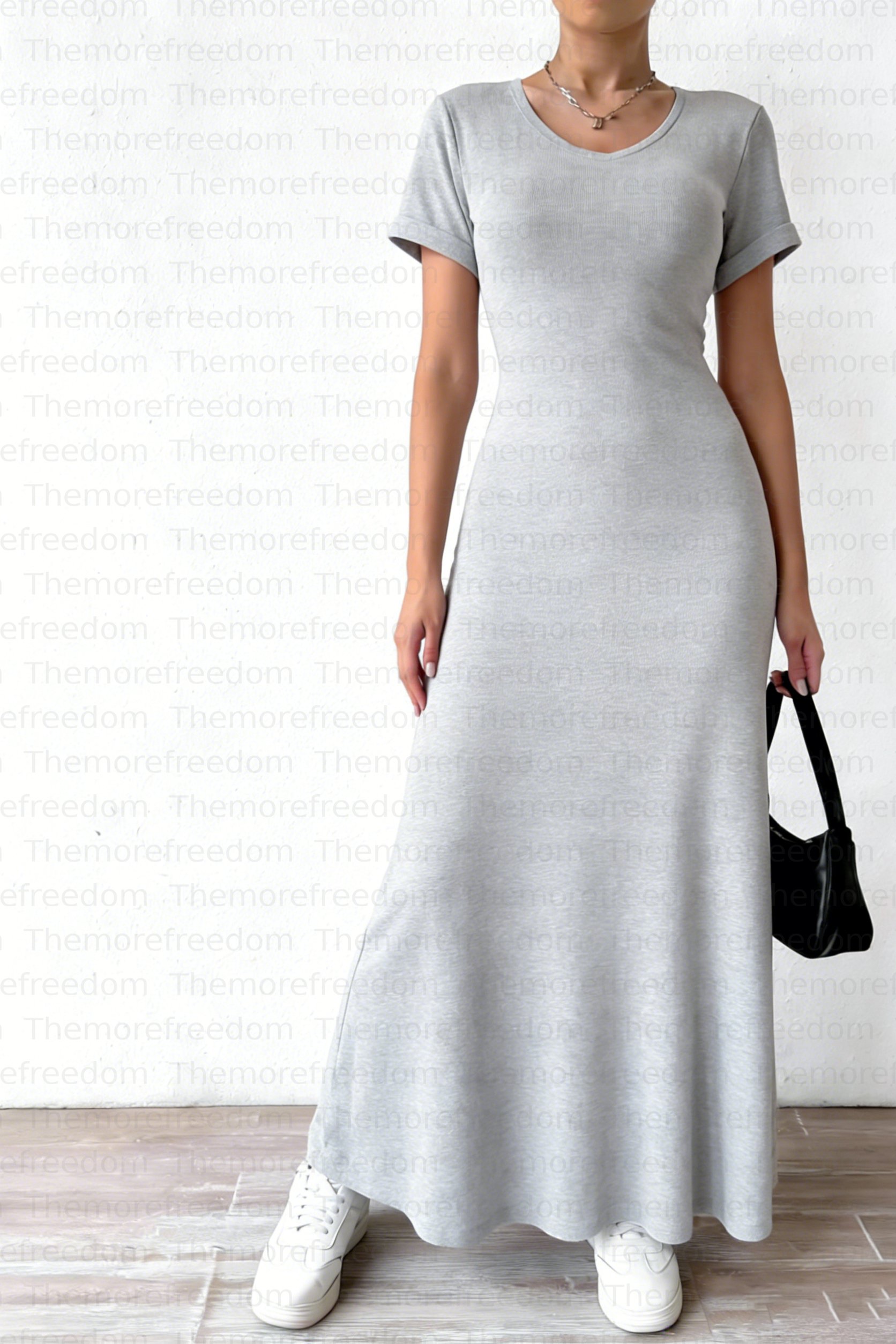 Women's solid color round neck knitted dress, elegant and comfortable (pre-order item)