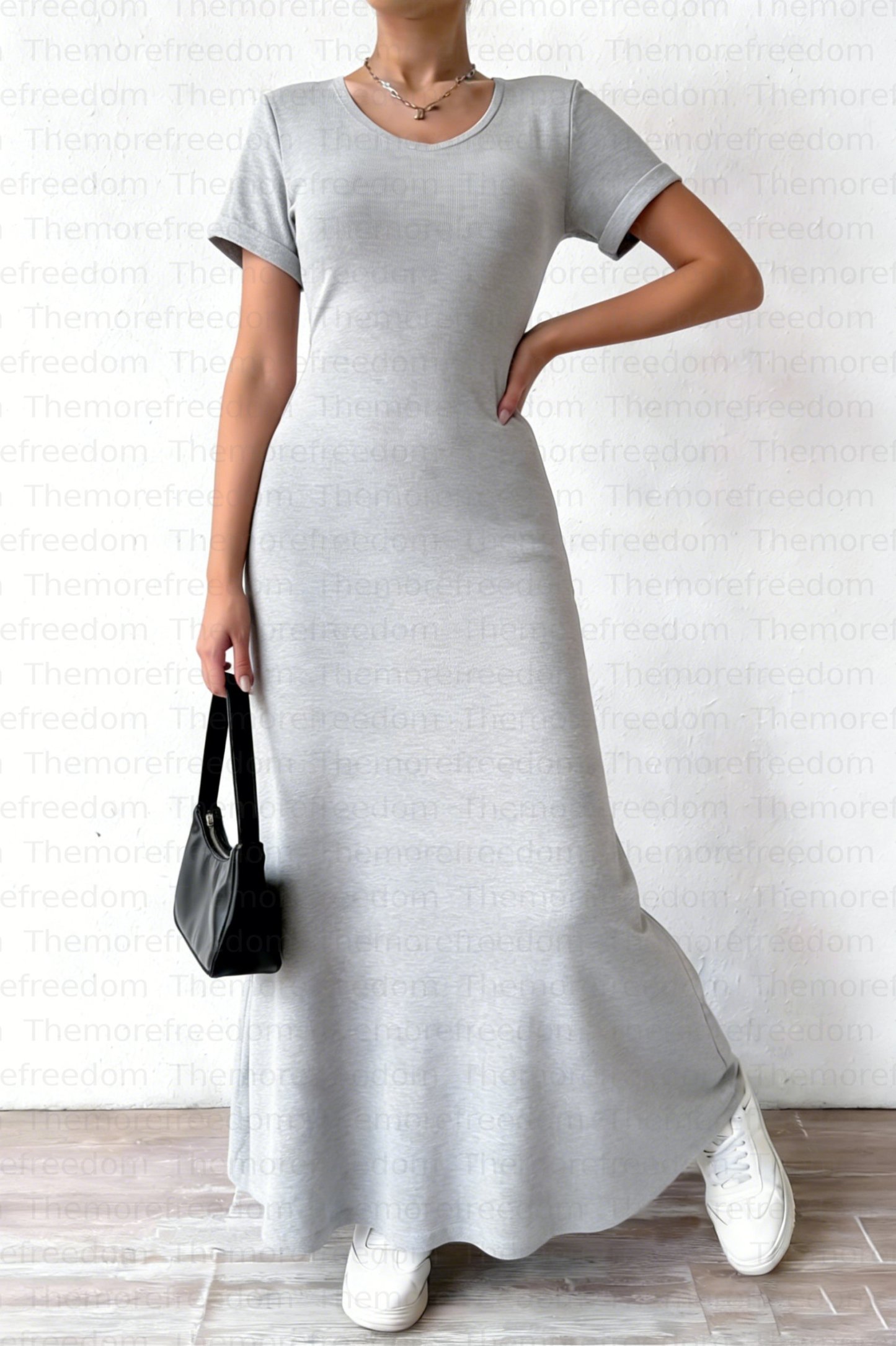 Women's solid color round neck knitted dress, elegant and comfortable (pre-order item)
