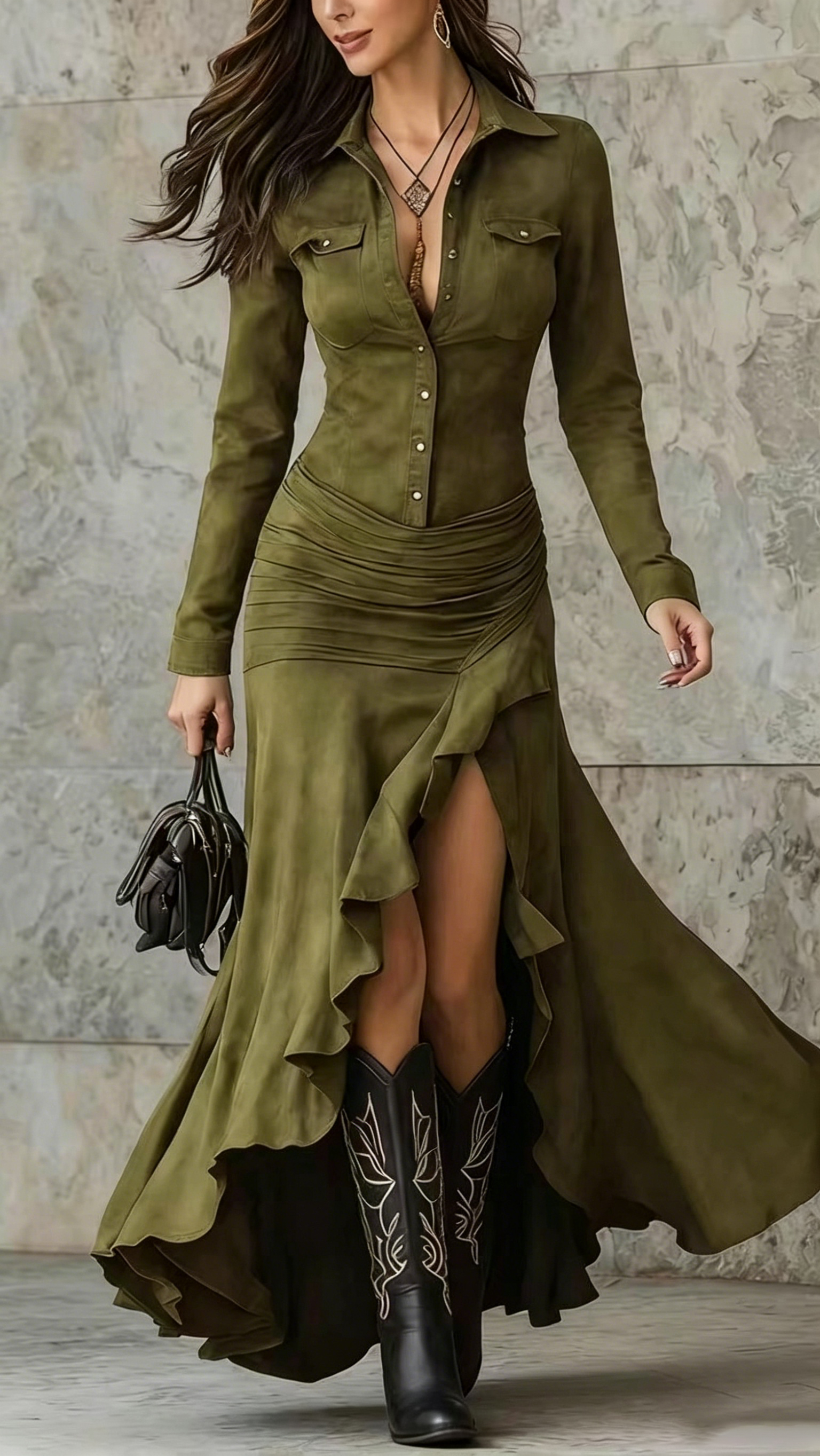 Women's Slim-Fit Long Dress with Zipper, Stand Collar, and Side Slit