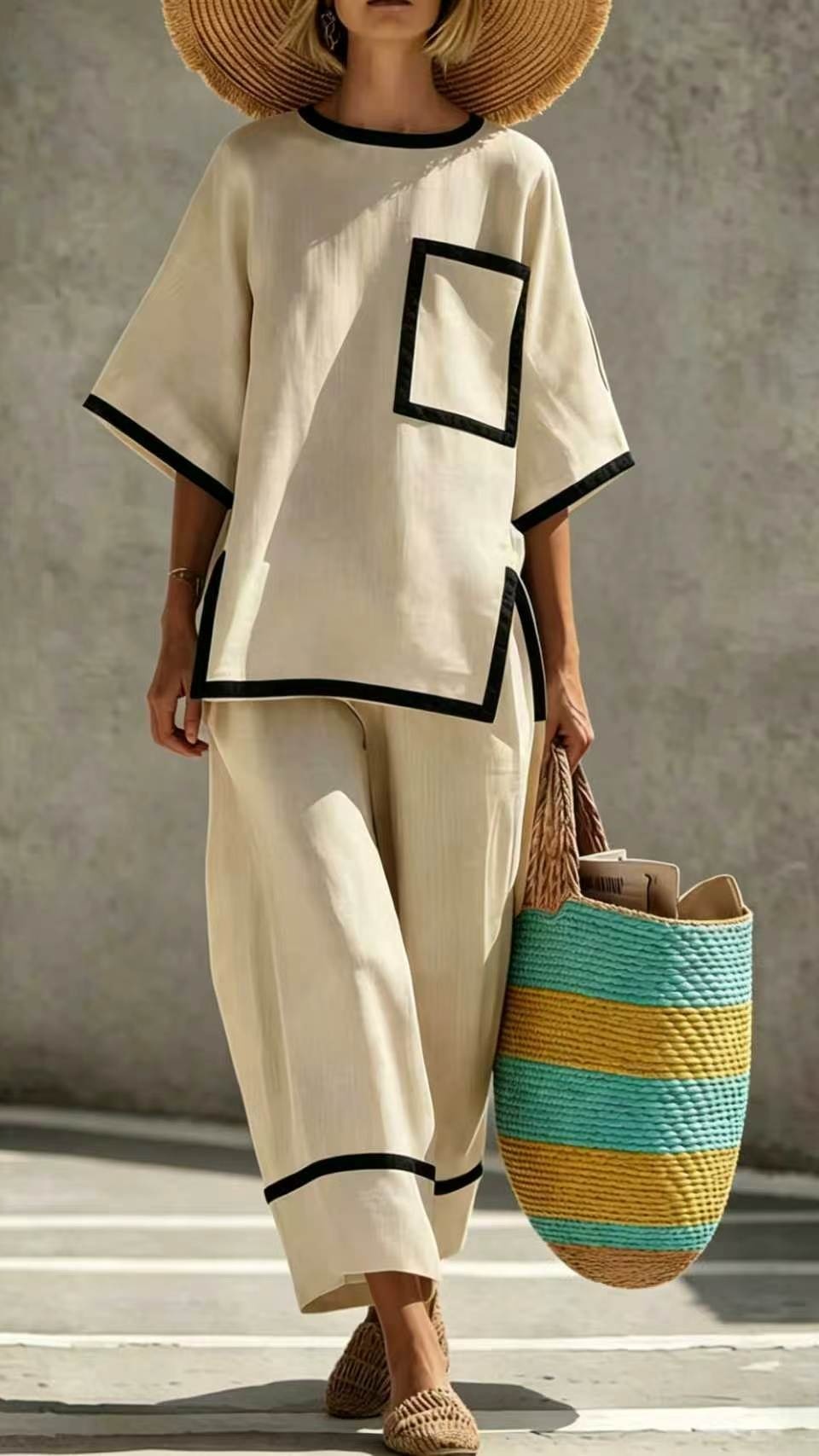 Women's Casual & Commuter Two-Piece Set: Comfortable, Loose-Fit Cotton-Linen Outfit with Round Neckline