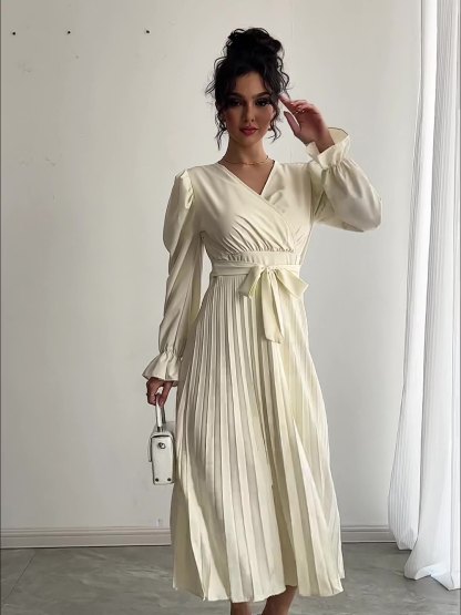 Elegant Pleated Wrap Midi Dress with Puff Sleeves