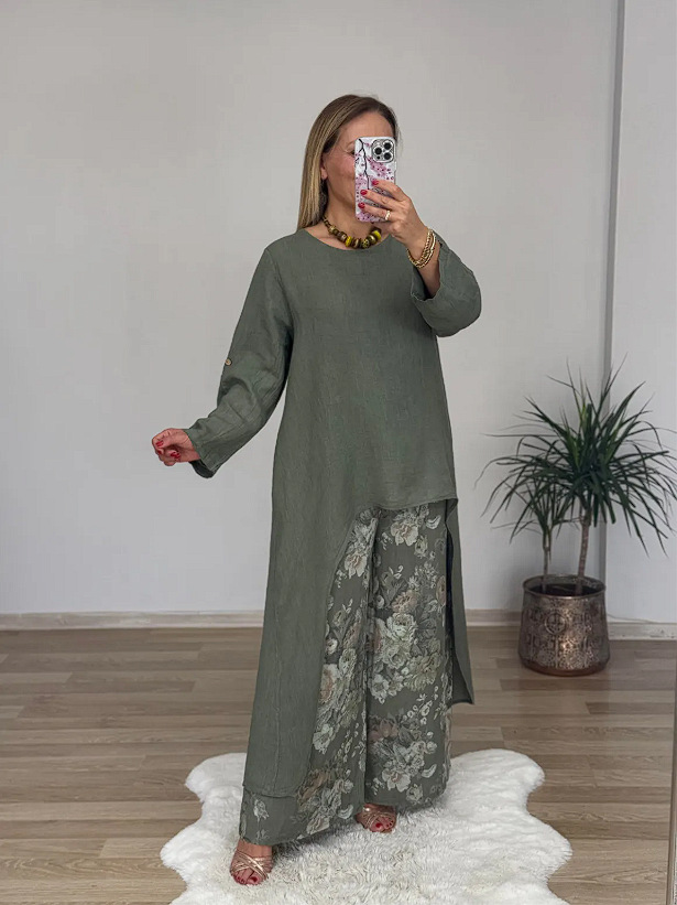 Relaxed High-Low Tunic Floral Wide-Leg Two-Piece Set