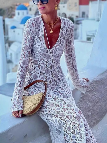 Santorini Sunset Floral Lace Long Sleeve Slit Vacation Maxi Dress (Buy 2 Free Shipping)
