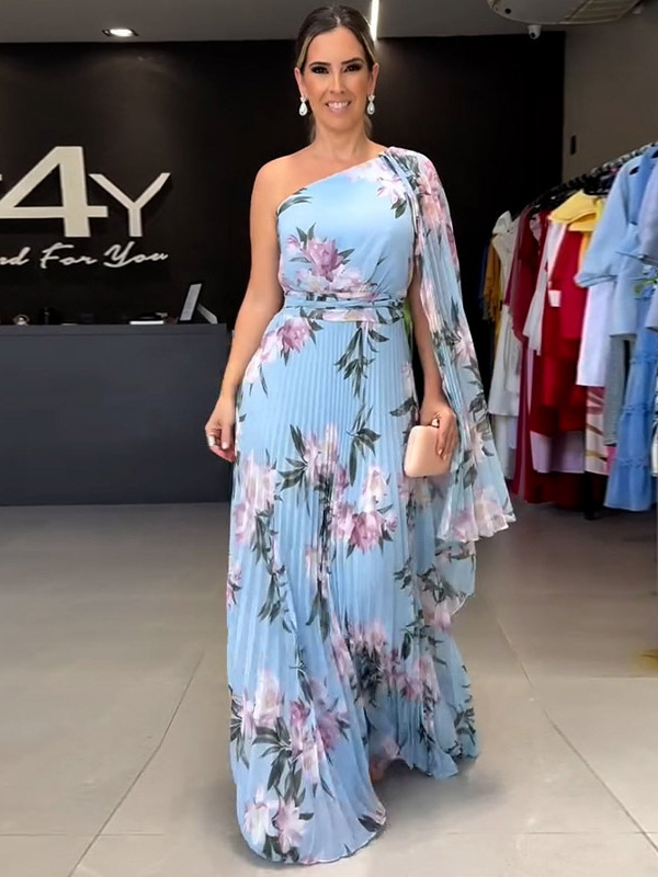 One-Shoulder Floral Pleated Maxi Dress with Draped Cape Sleeve (Buy 2 Free Shipping)