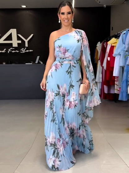 One-Shoulder Floral Pleated Maxi Dress with Draped Cape Sleeve (Buy 2 Free Shipping)