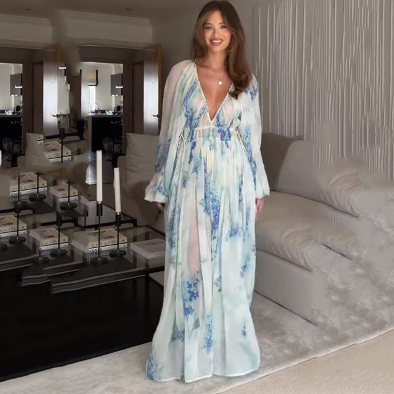 Ocean Flower Chiffon Floral Drawstring Waist Maxi Dress