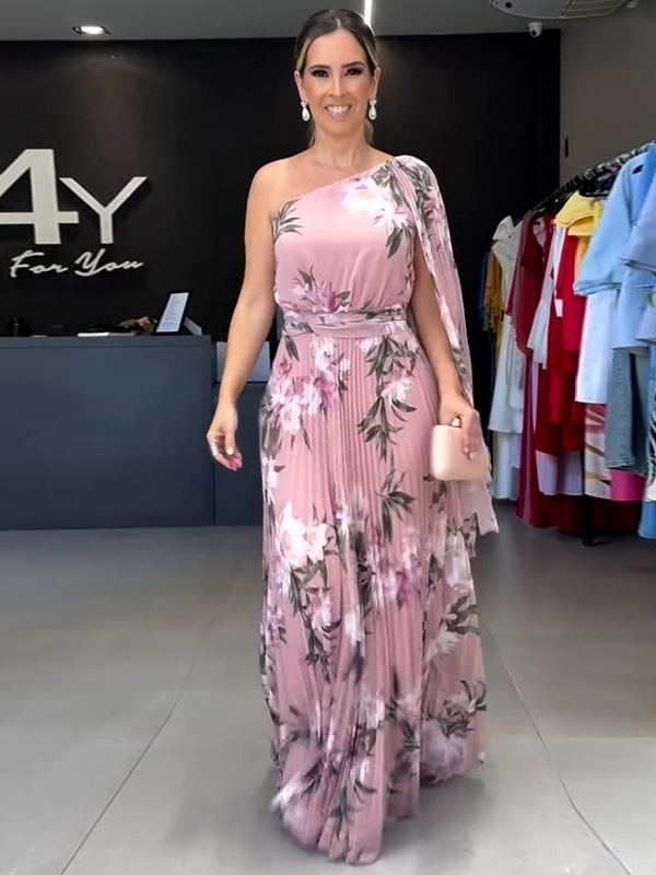 One-Shoulder Floral Pleated Maxi Dress with Draped Cape Sleeve (Buy 2 Free Shipping)