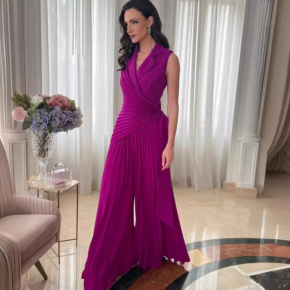 Lapel Top & Wide Leg Pleated Pants Jumpsuit (Buy 2 Free Shipping)