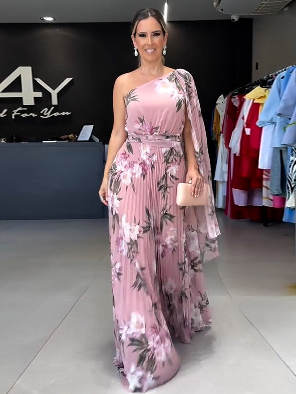 One-Shoulder Floral Pleated Maxi Dress with Draped Cape Sleeve (Buy 2 Free Shipping)