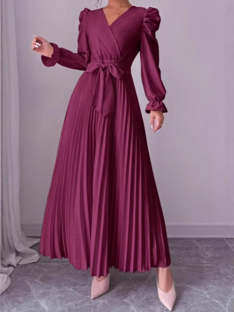 Elegant Pleated Wrap Midi Dress with Puff Sleeves