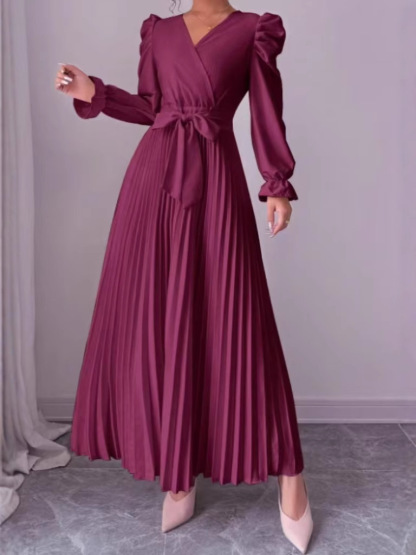 Elegant Pleated Wrap Midi Dress with Puff Sleeves