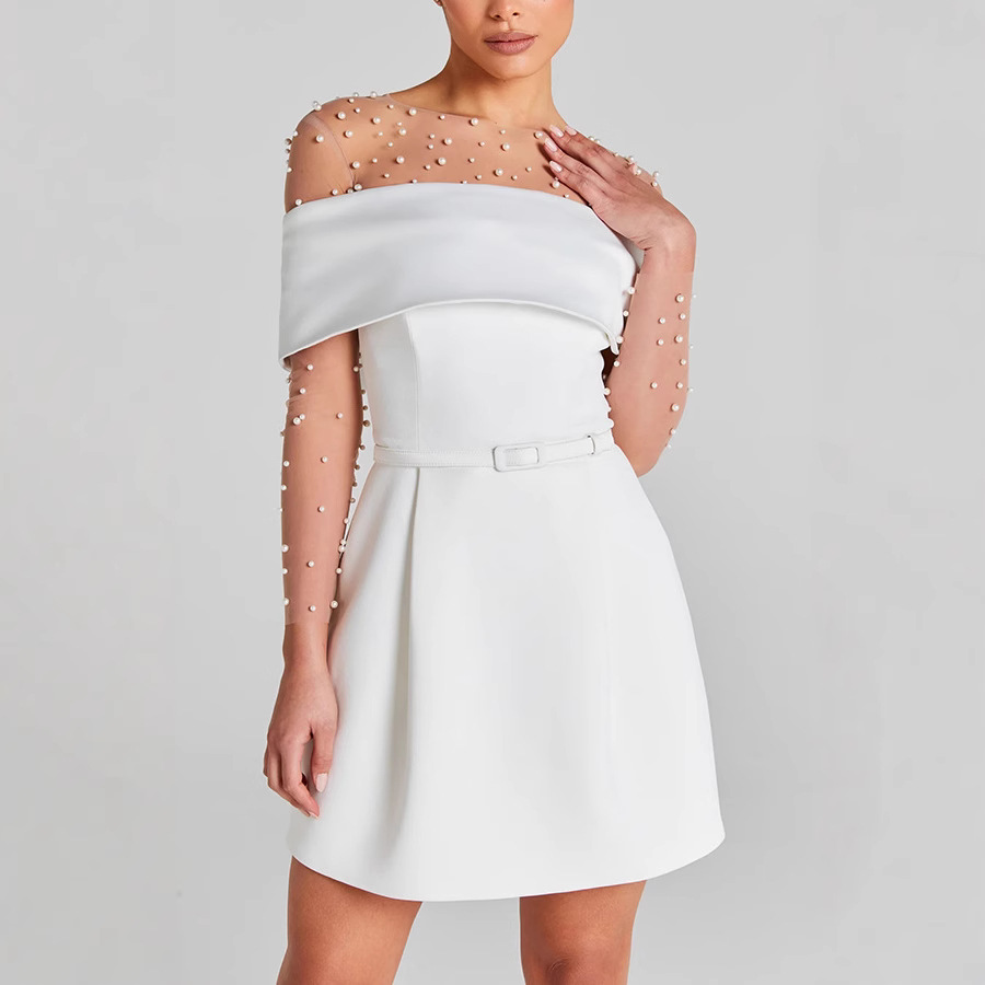 Sheer Mesh Pearl Bodysuit & V Neck Strapless Pocketed Wide Leg Jumpsuit