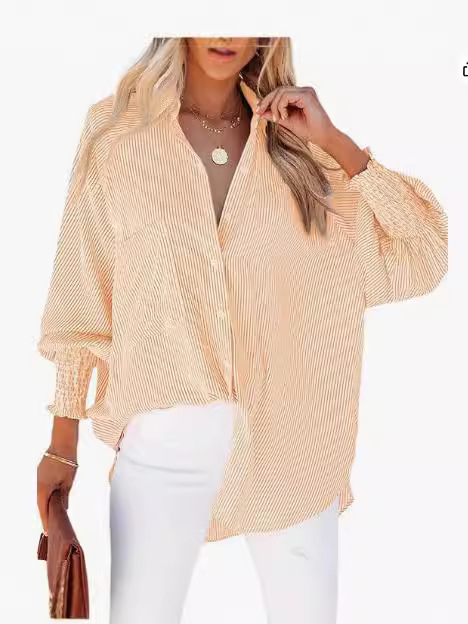 🎁Last Day Sale 50% OFF🏆️Mid-length smocked shirt with striped lapel and oversized drawdown sleeves