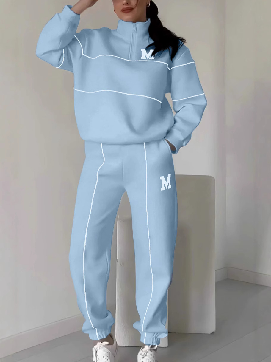 Relaxed Zip Pullover Set with Contrast Trim (Buy 2 Free Shipping)