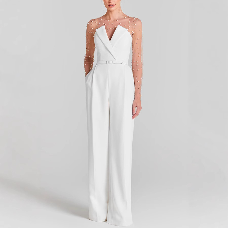 Sheer Mesh Pearl Bodysuit & V Neck Strapless Pocketed Wide Leg Jumpsuit
