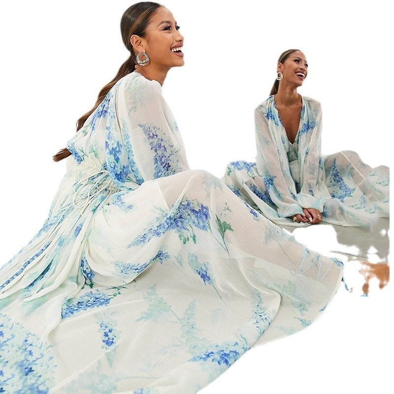 Ocean Flower Chiffon Floral Drawstring Waist Maxi Dress