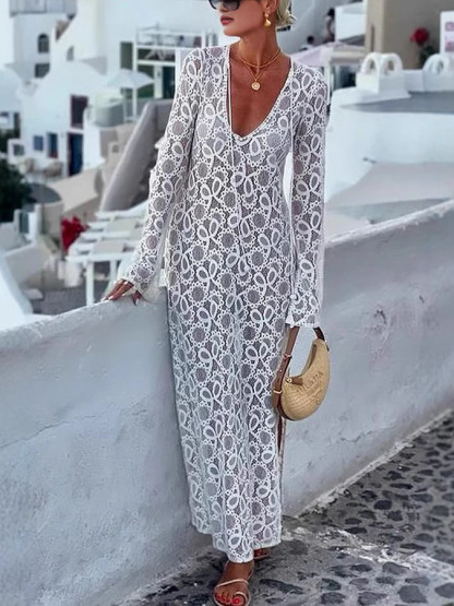 Santorini Sunset Floral Lace Long Sleeve Slit Vacation Maxi Dress (Buy 2 Free Shipping)