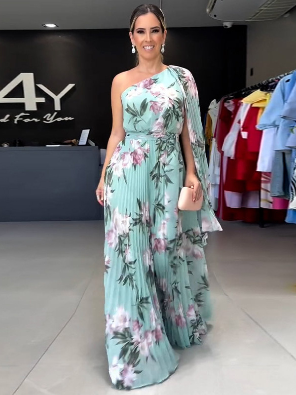 One-Shoulder Floral Pleated Maxi Dress with Draped Cape Sleeve (Buy 2 