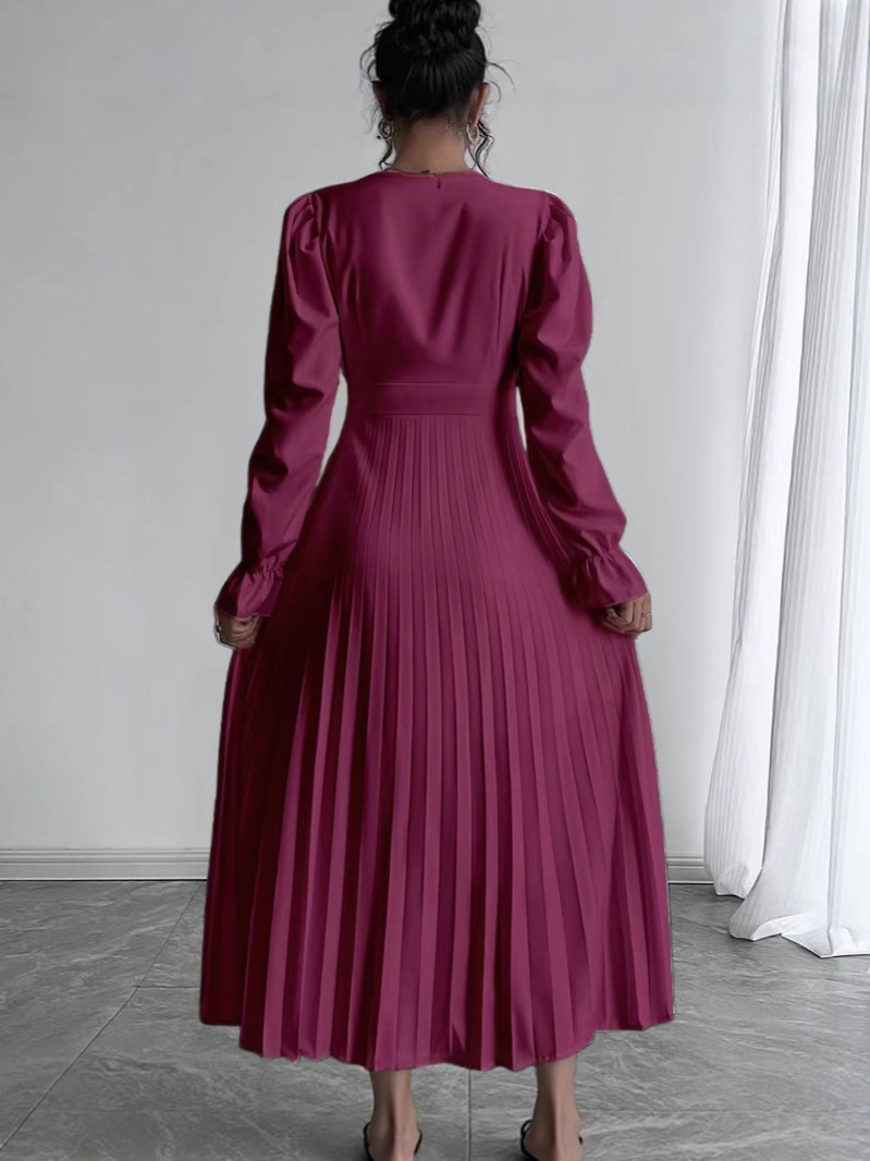 Elegant Pleated Wrap Midi Dress with Puff Sleeves