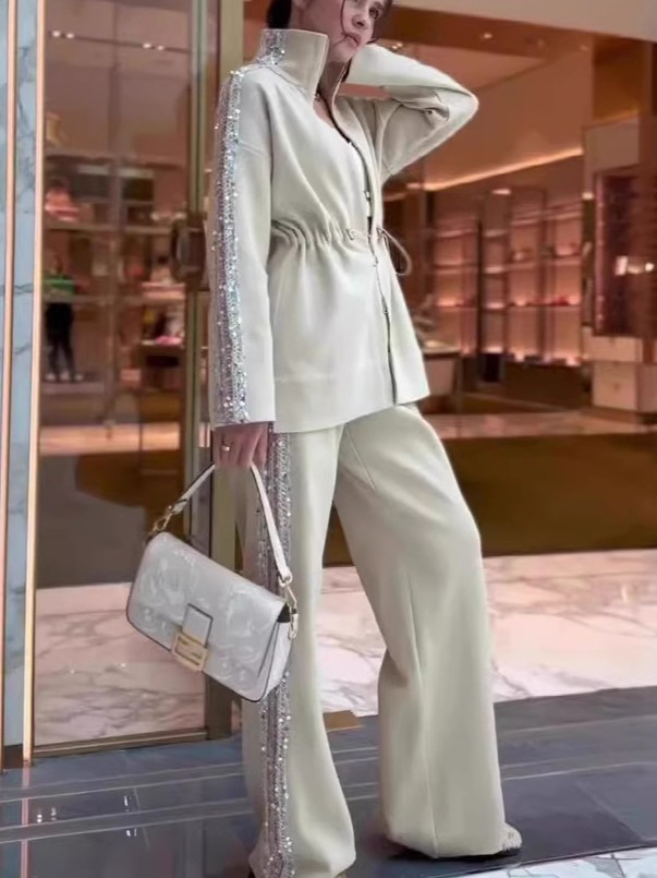 Elegant Sequin Trim Drawstring Jacket and Wide Leg Pants Two Piece Set (Buy 2 Free Shipping)