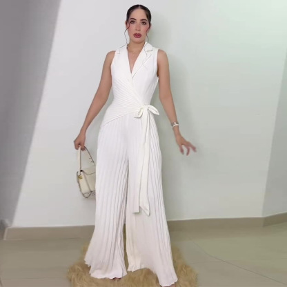 Lapel Top & Wide Leg Pleated Pants Jumpsuit (Buy 2 Free Shipping)