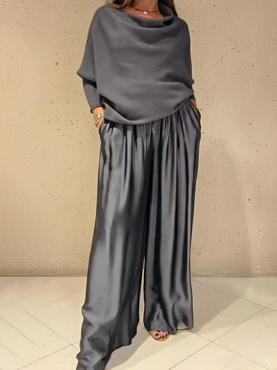 Elegant Off-Shoulder Drape Top and Wide Leg Satin Pants Set (Buy 2 Free Shipping)