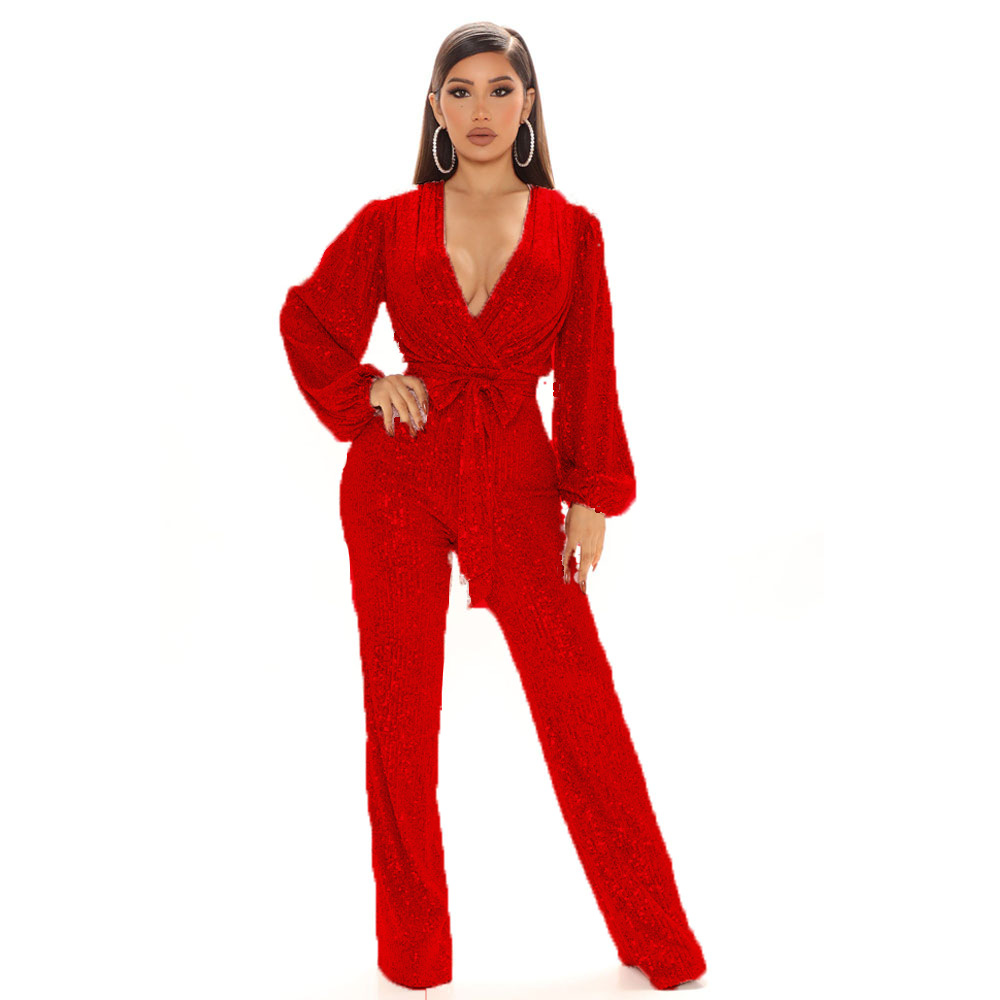 Sequins V Neck Regular Jumpsuits (Buy 2 Free Shipping)
