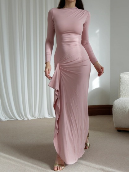 Long Sleeves Draped Slit Maxi Dress (Buy 2 Free Shipping)
