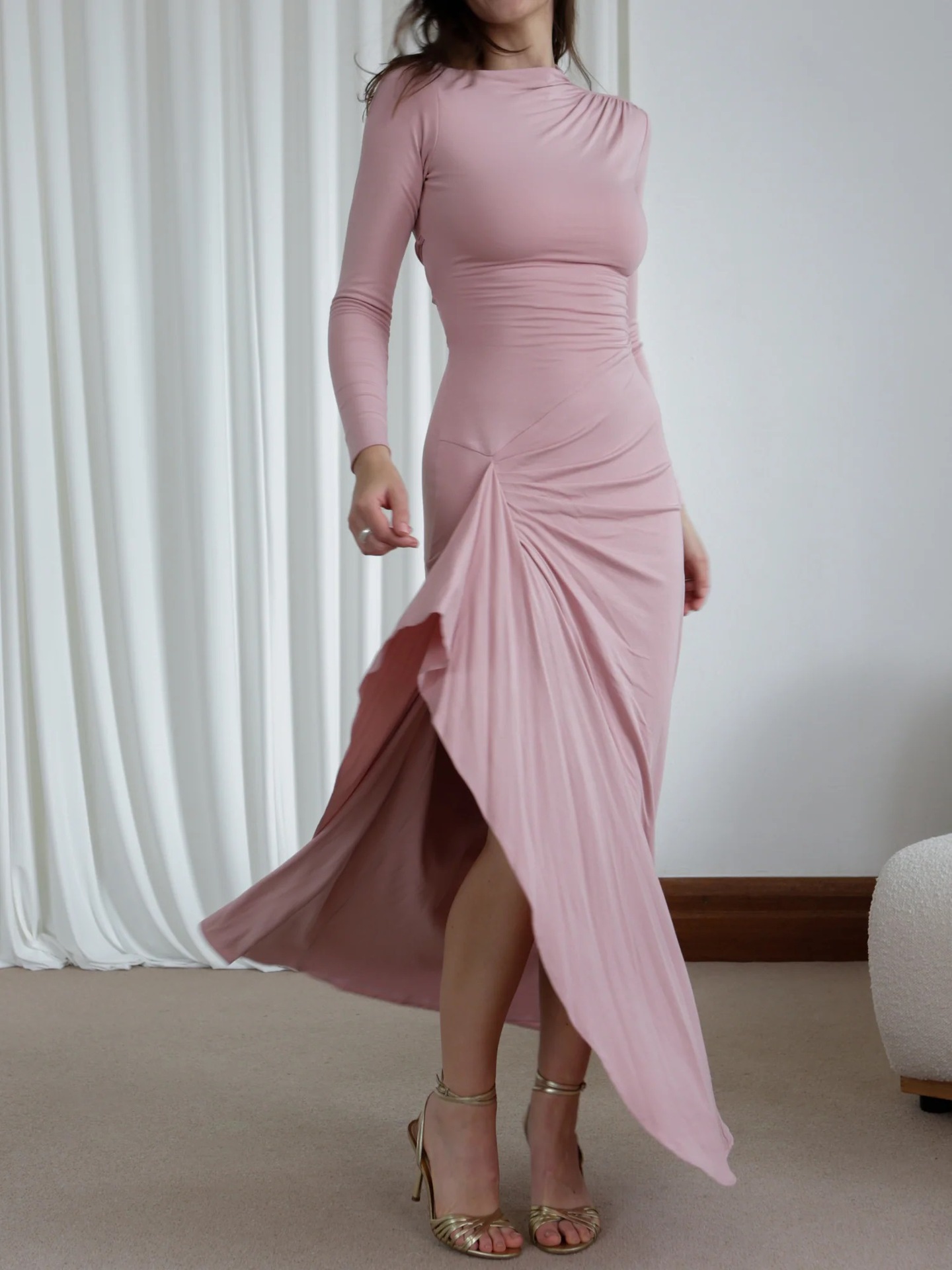 Long Sleeves Draped Slit Maxi Dress (Buy 2 Free Shipping)