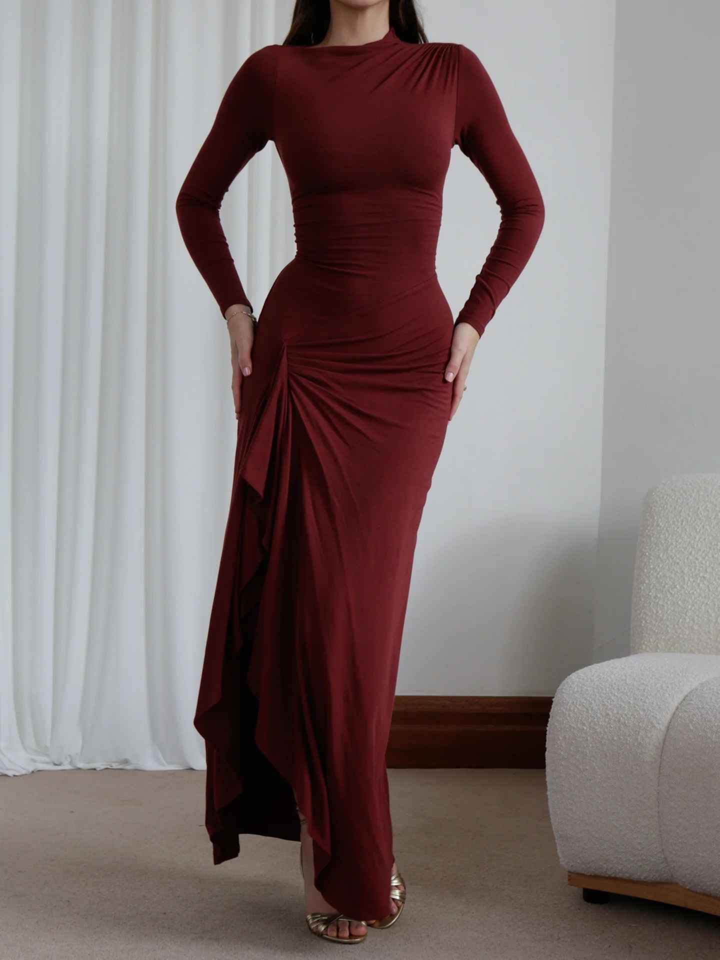 Long Sleeves Draped Slit Maxi Dress (Buy 2 Free Shipping)