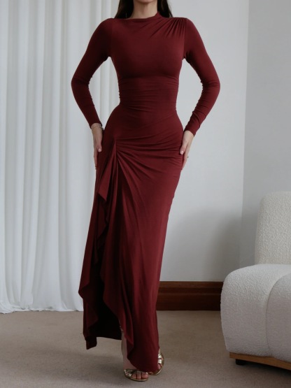 Long Sleeves Draped Slit Maxi Dress (Buy 2 Free Shipping)