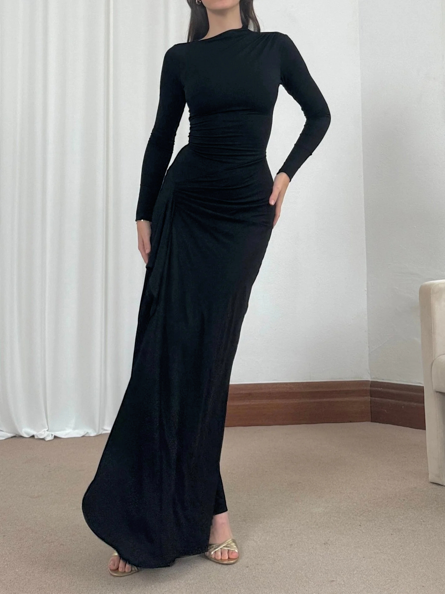 Long Sleeves Draped Slit Maxi Dress (Buy 2 Free Shipping)