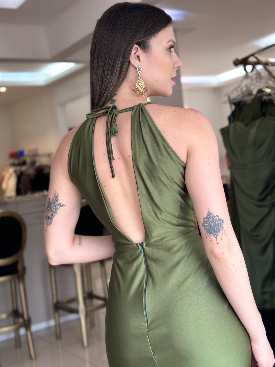 Satin Halter Gown with Ruched Waist and Open Back