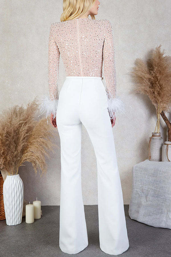 Ready for Vegas Feather Detail Trim Sequin Jumpsuit (Free Shipping)