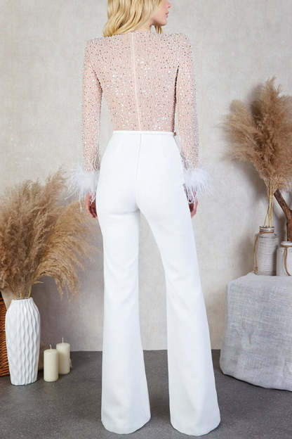 Ready for Vegas Feather Detail Trim Sequin Jumpsuit (Free Shipping)