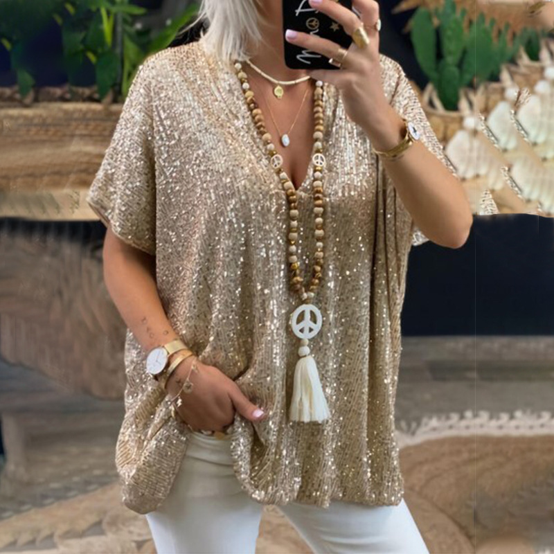 Relaxed Sequin V-Neck Short Sleeve Blouse (Buy 2 Free Shipping)