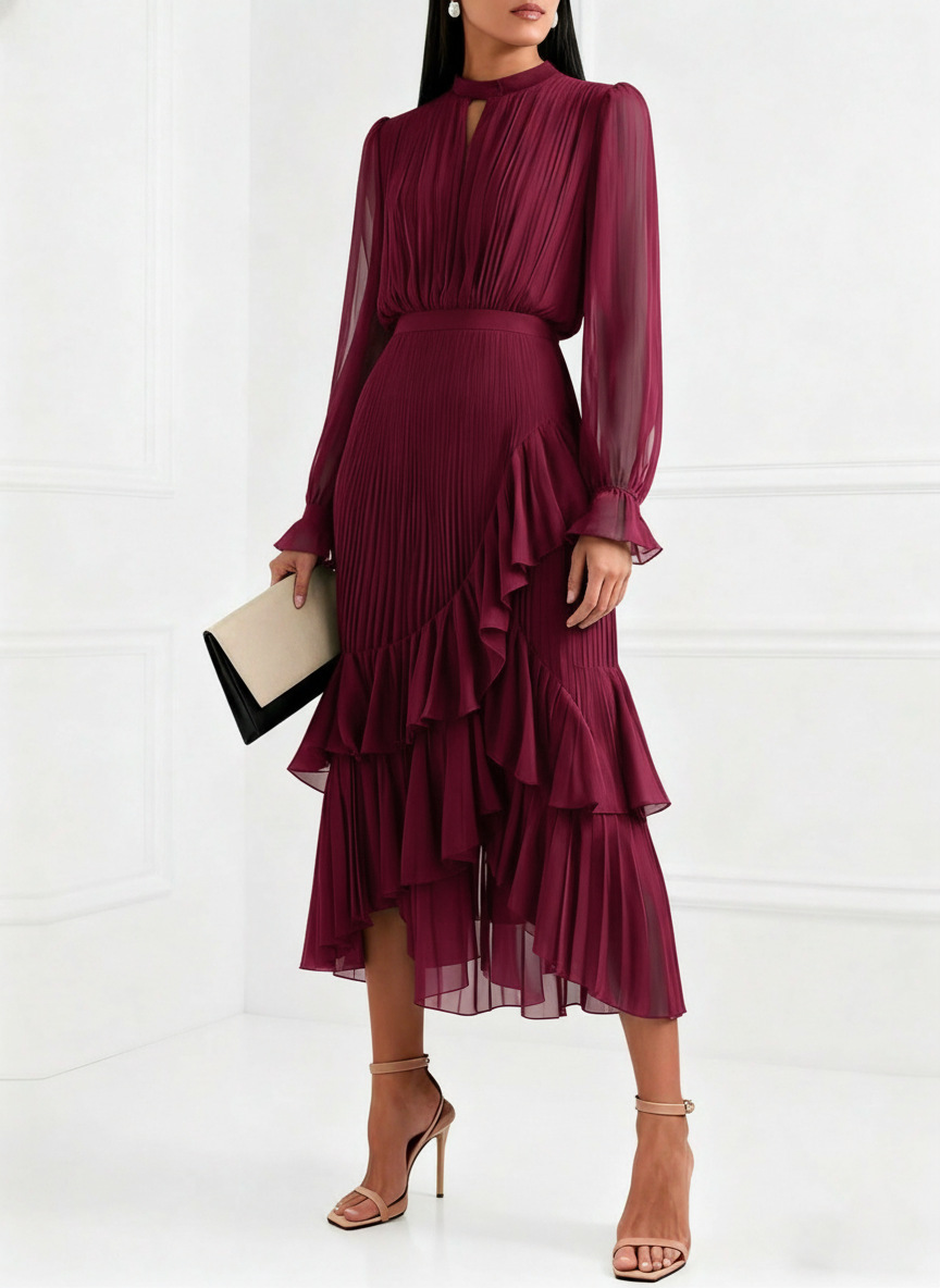Elegant Pleated Ruffle Asymmetrical Long Sleeve Dress (Buy 2 Free Shipping)