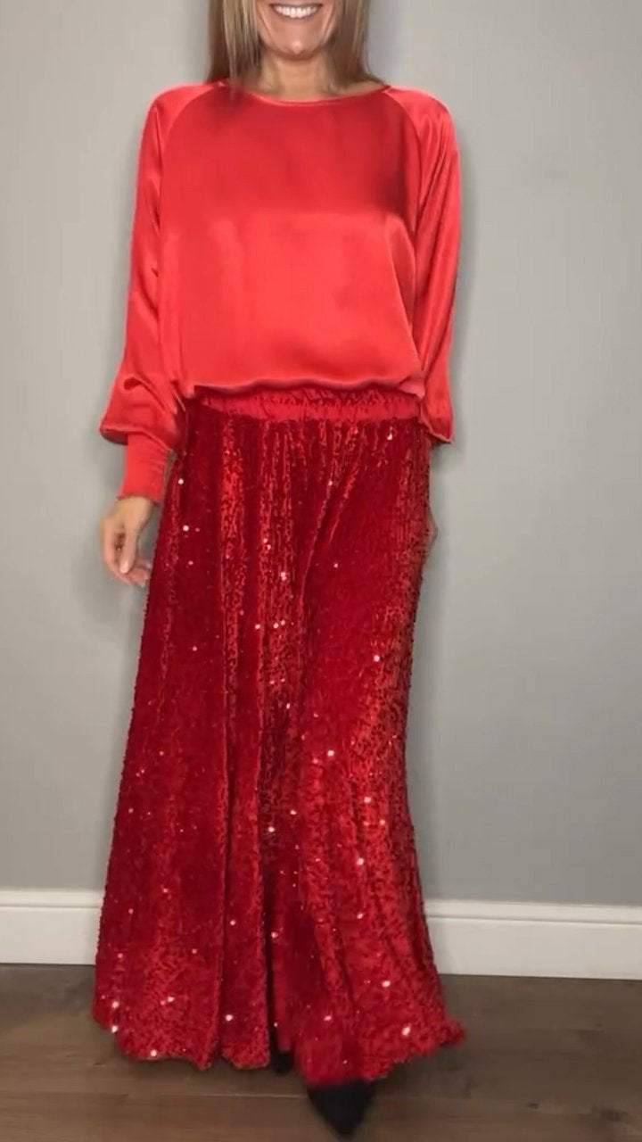 Satin Top & Sequin Maxi Skirt Two Piece Set (Buy 2 Free Shipping)