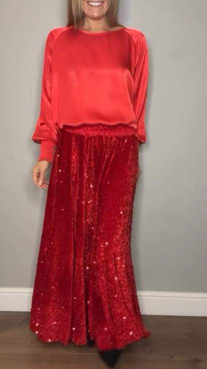 Satin Top & Sequin Maxi Skirt Two Piece Set (Buy 2 Free Shipping)