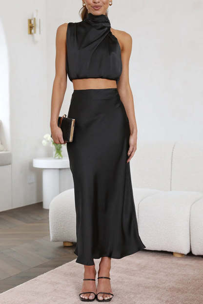 High Neck Satin Drape Maxi Skirt Set (Buy 2 Free Shipping)
