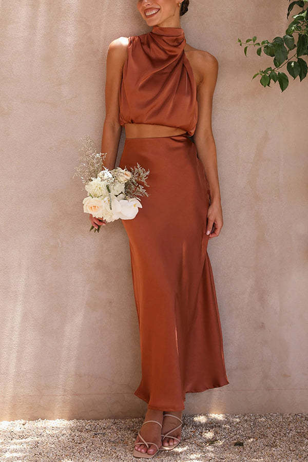High Neck Satin Drape Maxi Skirt Set (Buy 2 Free Shipping)