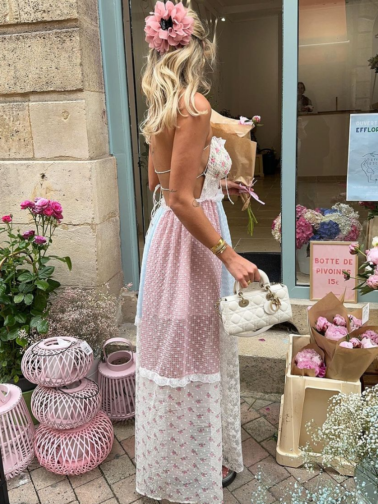 Lace Patchwork Halter Neck Floral Holiday Dress