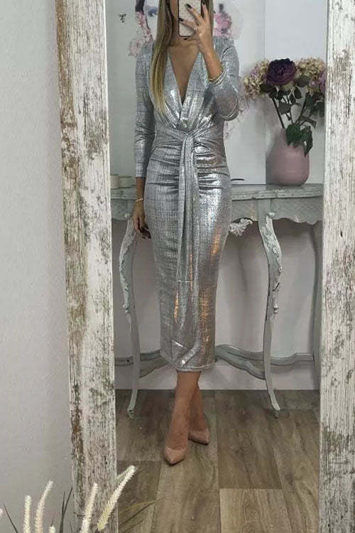 Shiny Lady Metallic Fabric Padded Long Sleeve Tie-up Ruched Midi Dress (Buy 2 Free Shipping)