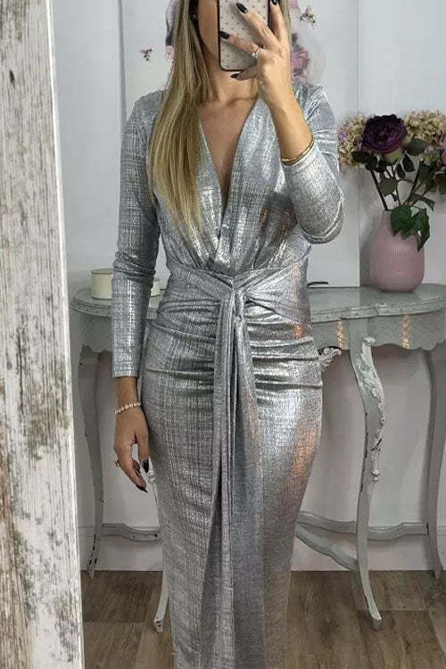 Shiny Lady Metallic Fabric Padded Long Sleeve Tie-up Ruched Midi Dress (Buy 2 Free Shipping)