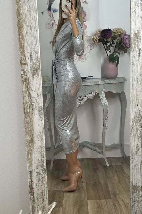 Shiny Lady Metallic Fabric Padded Long Sleeve Tie-up Ruched Midi Dress (Buy 2 Free Shipping)