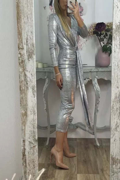 Shiny Lady Metallic Fabric Padded Long Sleeve Tie-up Ruched Midi Dress (Buy 2 Free Shipping)