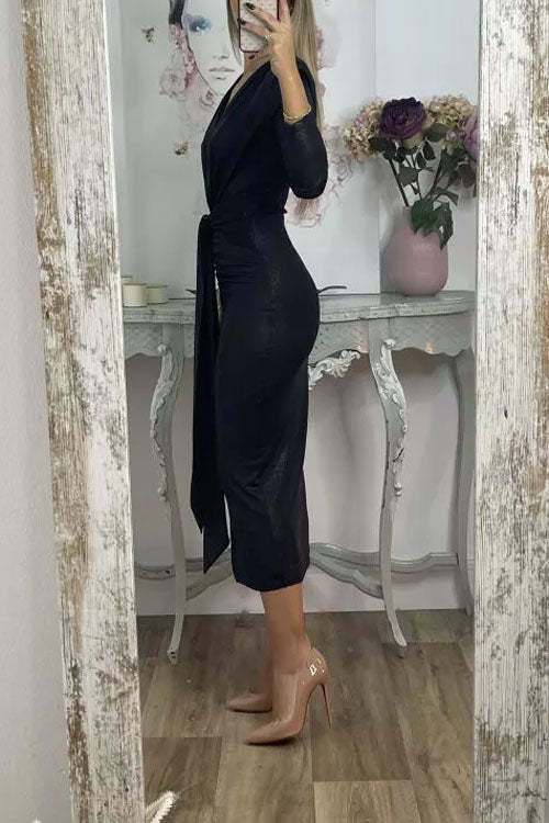 Shiny Lady Metallic Fabric Padded Long Sleeve Tie-up Ruched Midi Dress (Buy 2 Free Shipping)