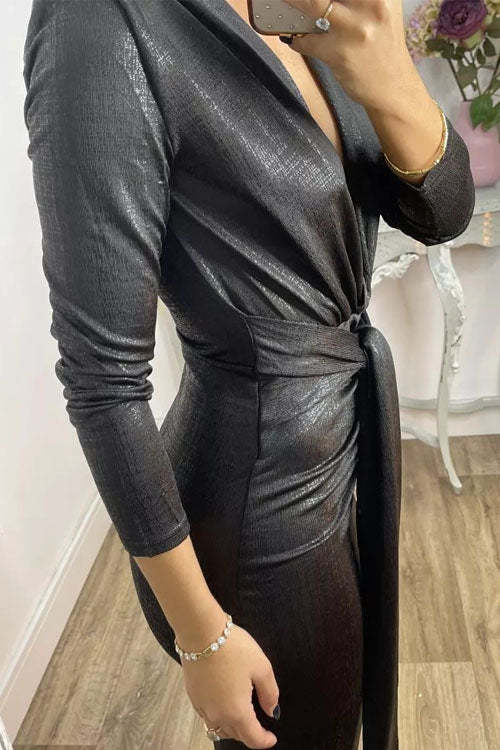 Shiny Lady Metallic Fabric Padded Long Sleeve Tie-up Ruched Midi Dress (Buy 2 Free Shipping)