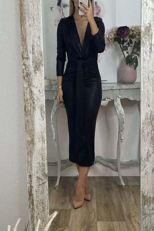 Shiny Lady Metallic Fabric Padded Long Sleeve Tie-up Ruched Midi Dress (Buy 2 Free Shipping)